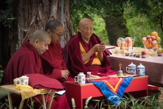 Gyumed Khensur Rinpoche Lobsang Jampa blessing the prayer wheel site at Vajrapani Institute.